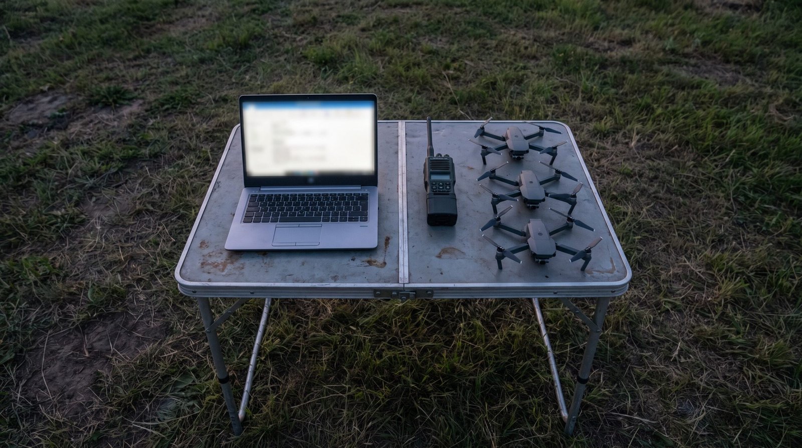 Mesa de campo com notebook, rádio e pequenos quadricópteros enfileirados