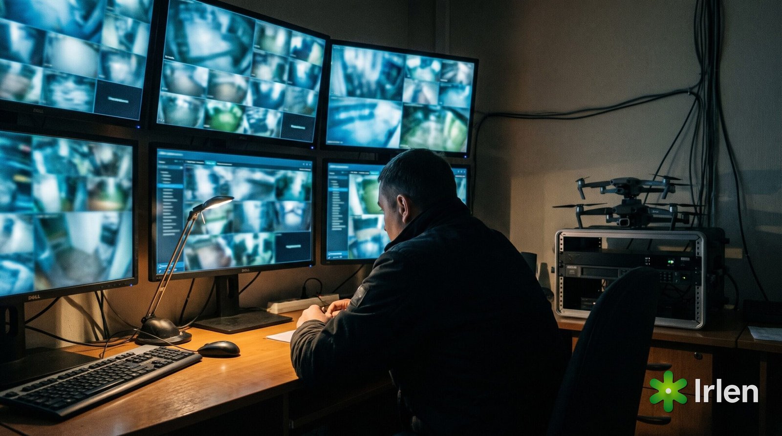 Central de monitoramento com telas sem conteúdo legível