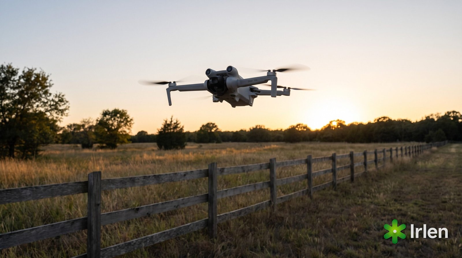 Drone sobrevoando a cerca de uma propriedade rural ao anoitecer