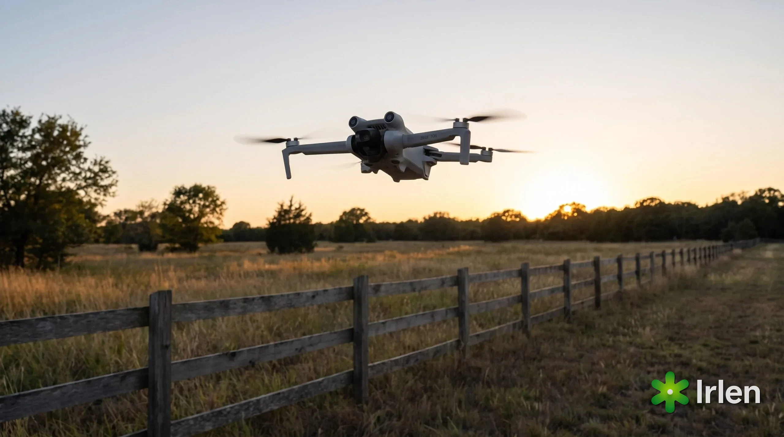 Drone sobrevoando a cerca de uma propriedade rural ao anoitecer
