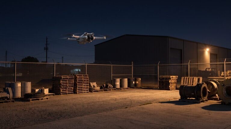Drone pairando à noite sobre pátio industrial iluminado