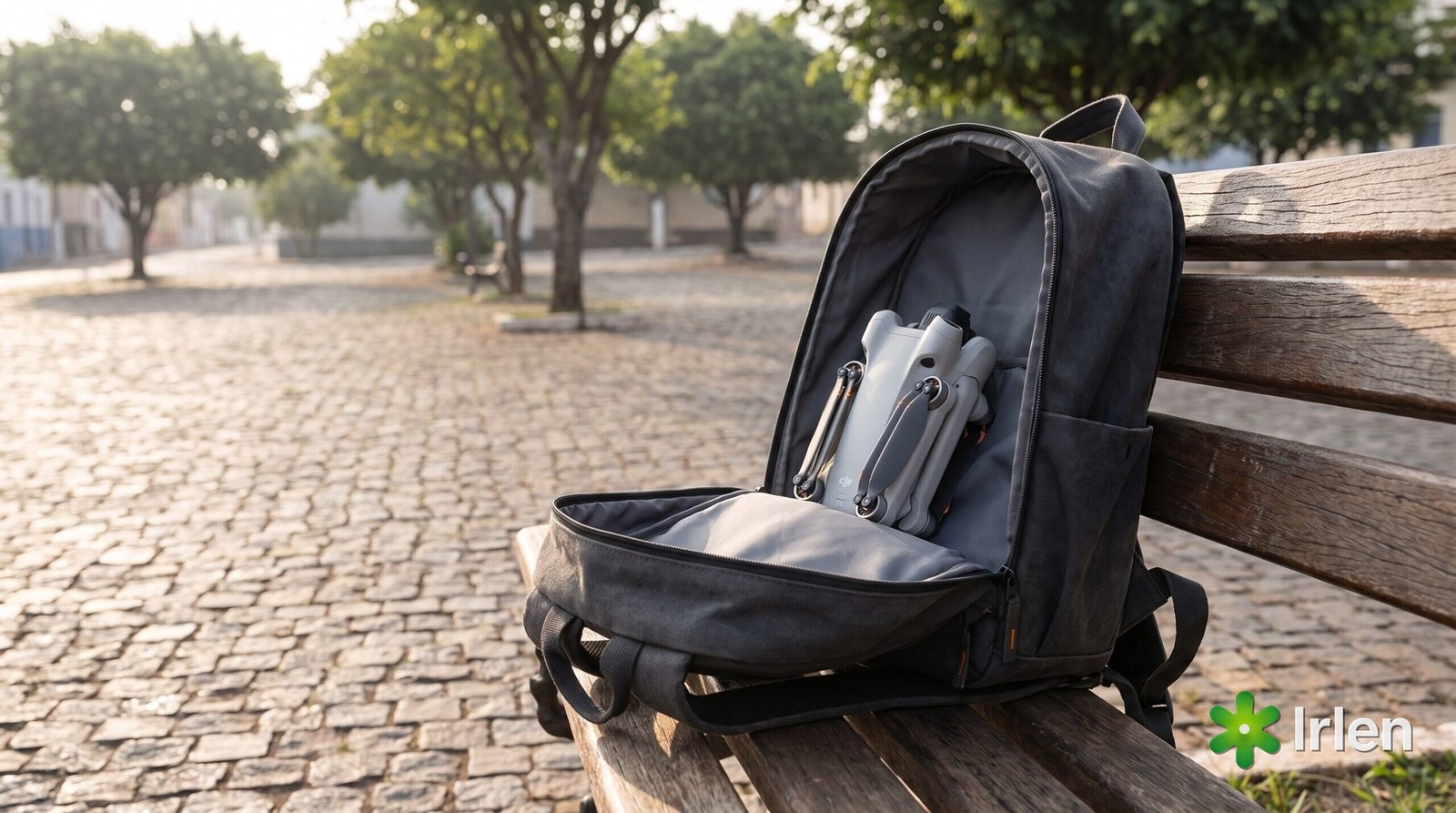 Drone compacto da linha DJI Mini dobrado dentro de uma mochila aberta num banco de praça vazia de manhã