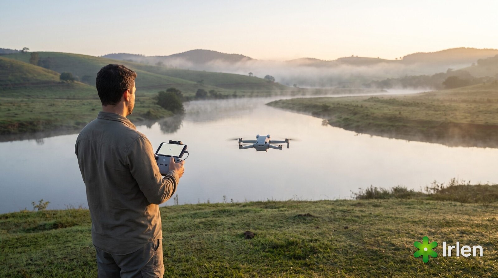 Piloto com controle DJI RC-N3 e drone da linha DJI Mini pairando baixo sobre um campo à beira do rio, ao nascer do sol, sem ninguém por perto