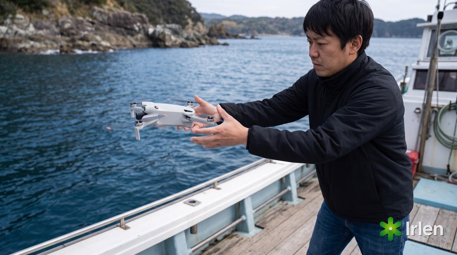 Pessoa pega o drone na mão no convés do barco