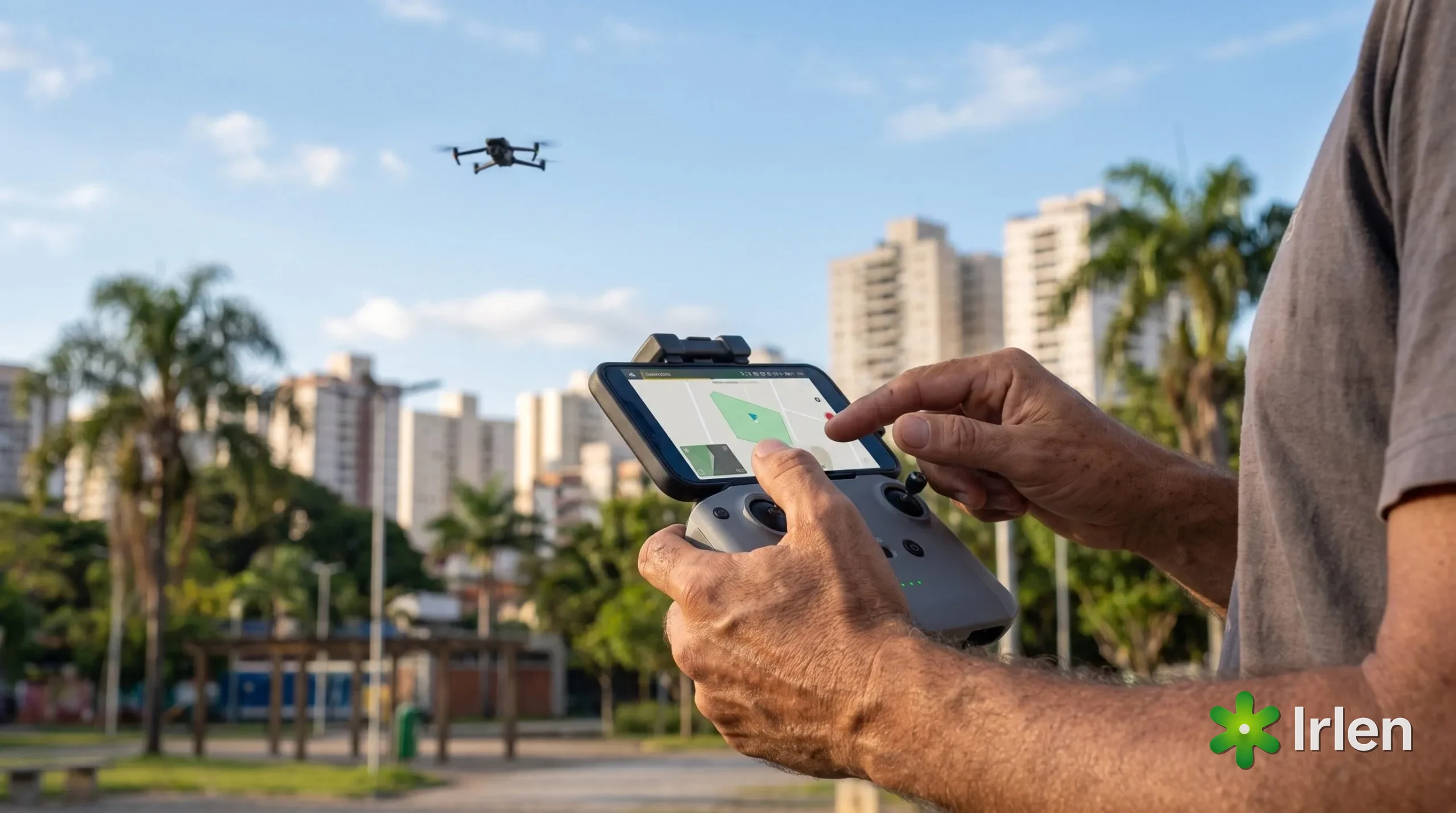 Maos de um piloto segurando o controle DJI com o celular acoplado, o dedo prestes a confirmar um aviso na tela, drone ao fundo