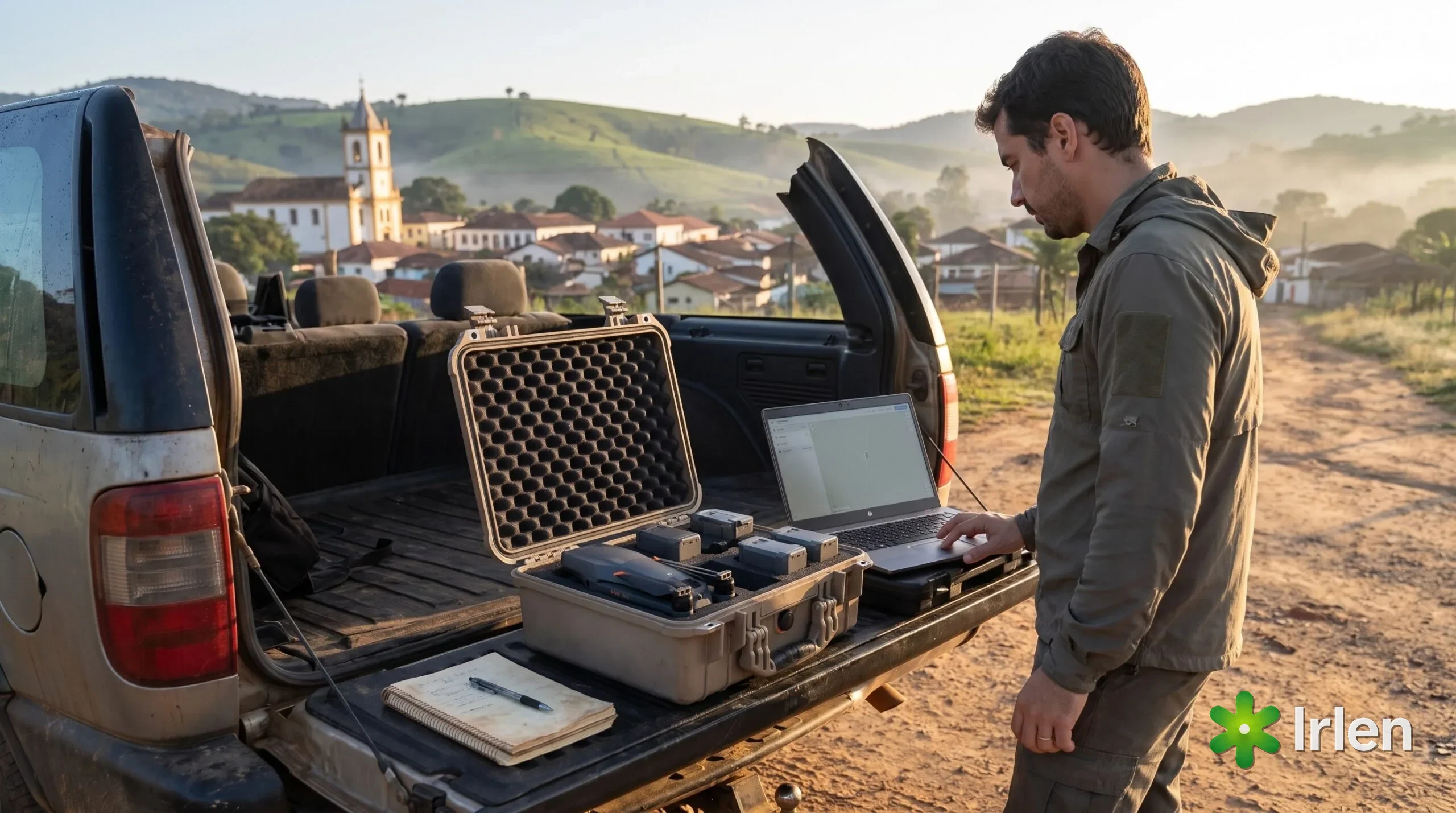Operador preparando o voo na tampa da caminhonete, com maleta do drone aberta e notebook com o formulario e o mapa