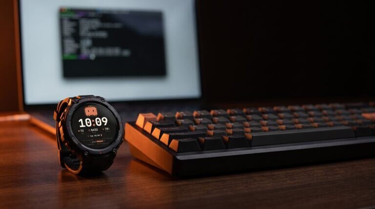 Watch face Claude Code no Amazfit T-Rex 3 sobre a mesa de um desenvolvedor