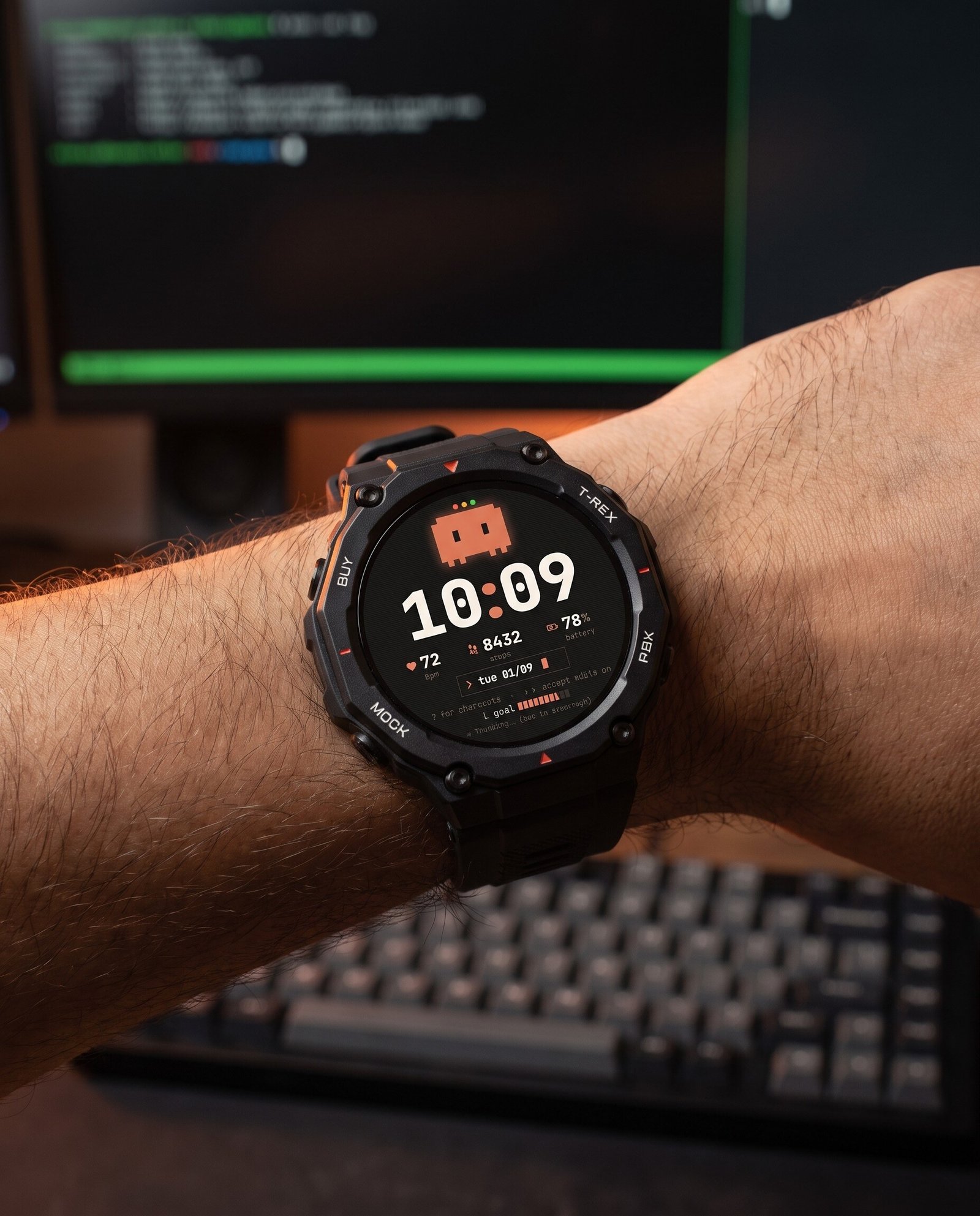 Watch face Claude Code no pulso, Amazfit T-Rex 3 com Clawd, hora 10:09 e barra de meta
