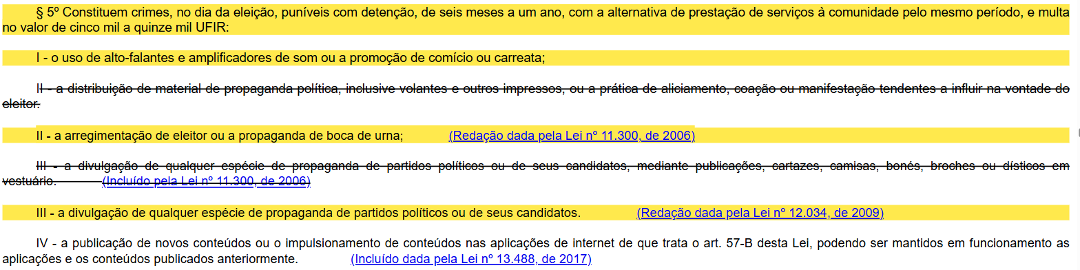 Parágrafo 5º do artigo 39 da Lei 9.504/1997 com os crimes do dia da eleição destacados