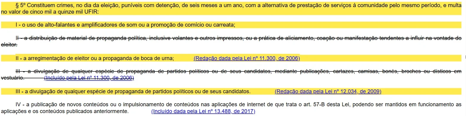Parágrafo 5º do artigo 39 da Lei 9.504/1997 com os crimes do dia da eleição destacados