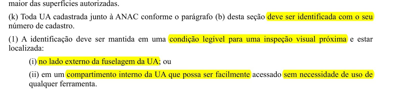 Trecho do RBAC 100 com a seção 100.301(k) destacada: identificação legível, na fuselagem ou em compartimento interno