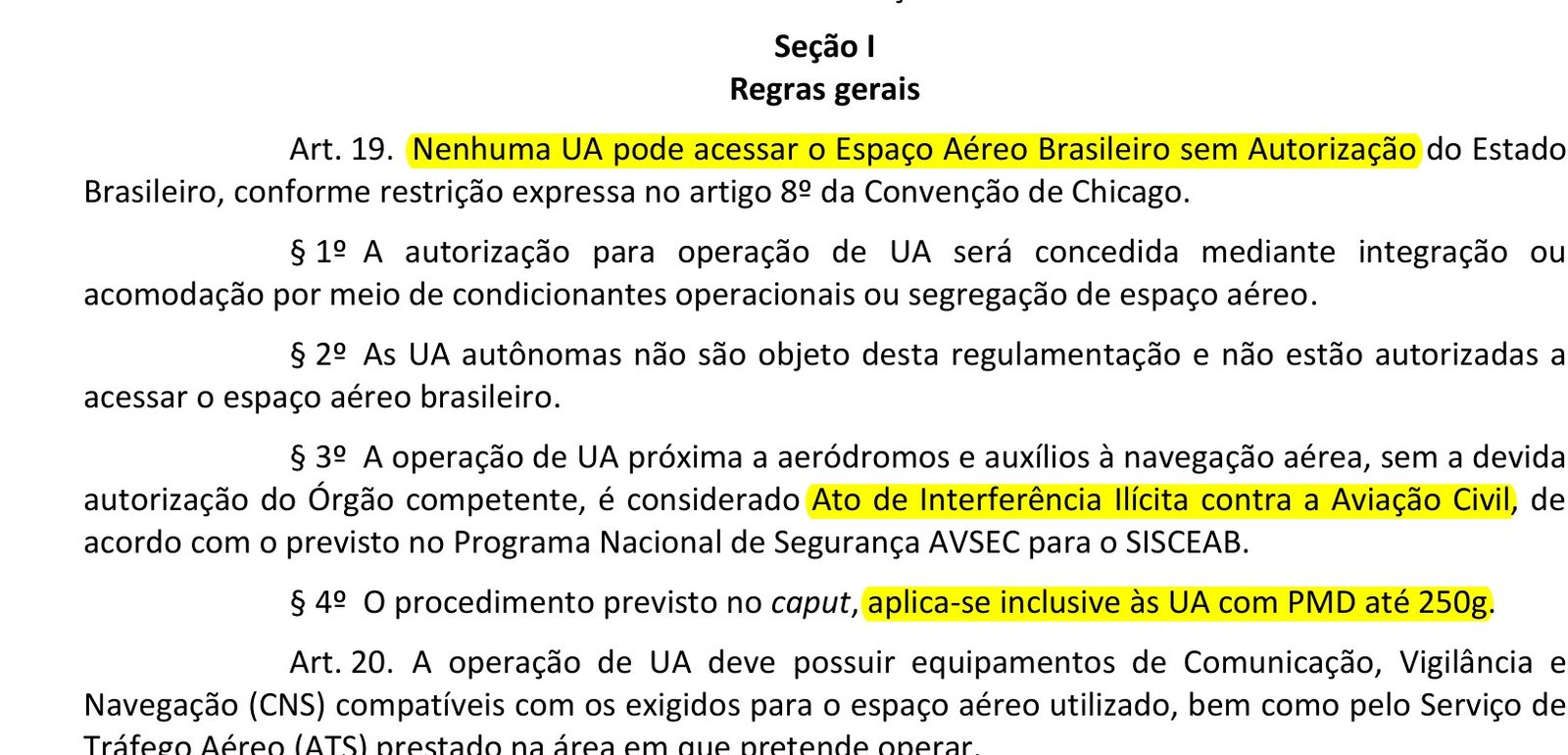 Trecho da ICA 100-40 com o art. 19 destacado: nenhuma UA sem autorização, Ato de Interferência Ilícita perto de aeródromo, inclusive até 250 g