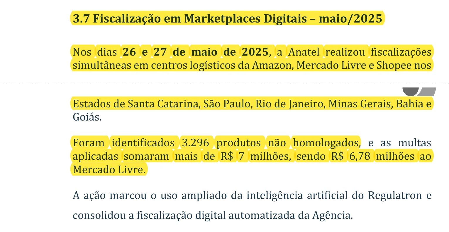Trecho do relatório da Anatel sobre a fiscalização em marketplaces de maio de 2025, com o número de produtos não homologados e as multas destacados