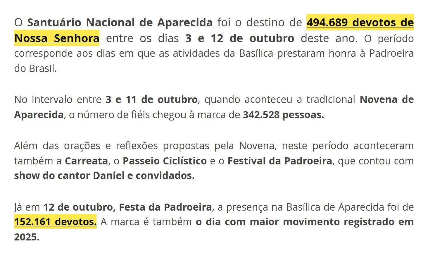 Trecho do release do Santuário Nacional de Aparecida com os 494.689 devotos da Novena e Festa e os 152.161 do dia 12 de outubro de 2025