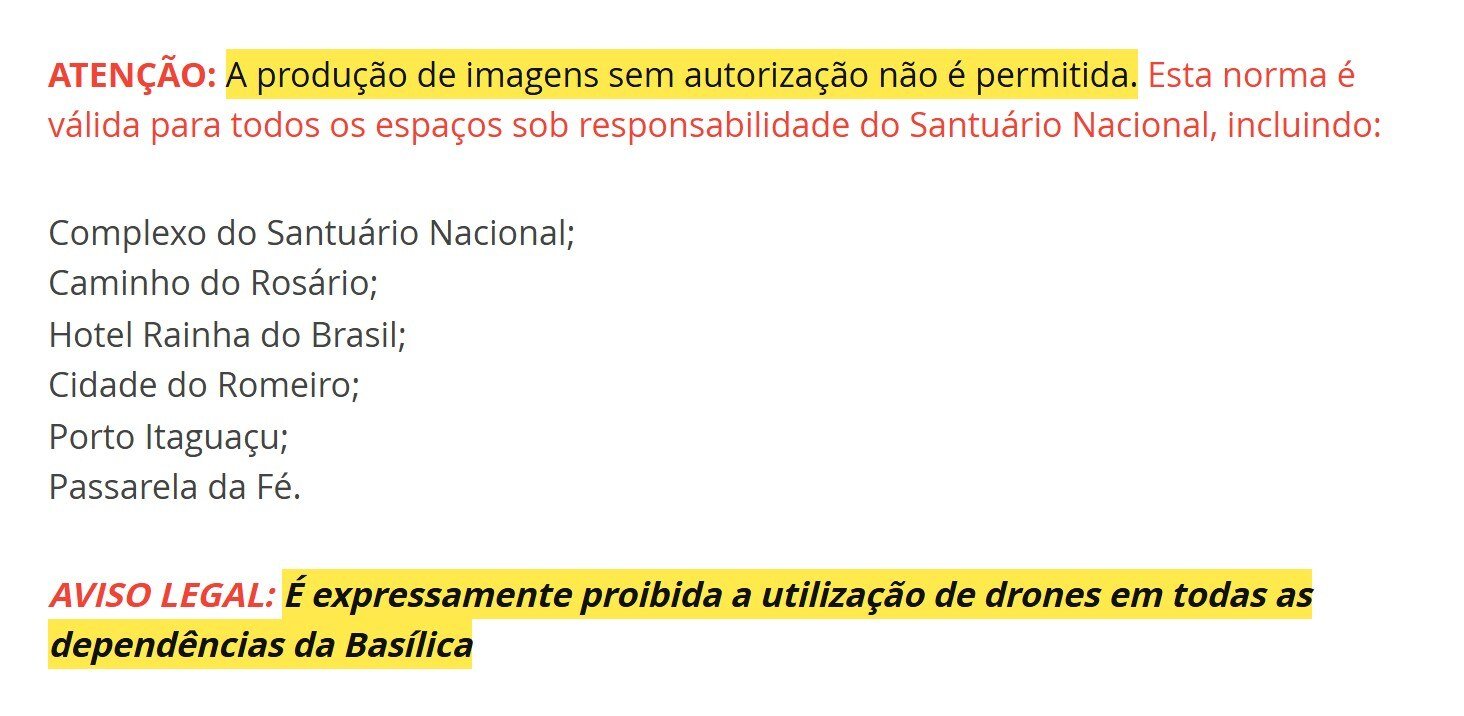 Trecho da página de credenciamento do Santuário Nacional de Aparecida com o aviso legal que proíbe drones em todas as dependências
