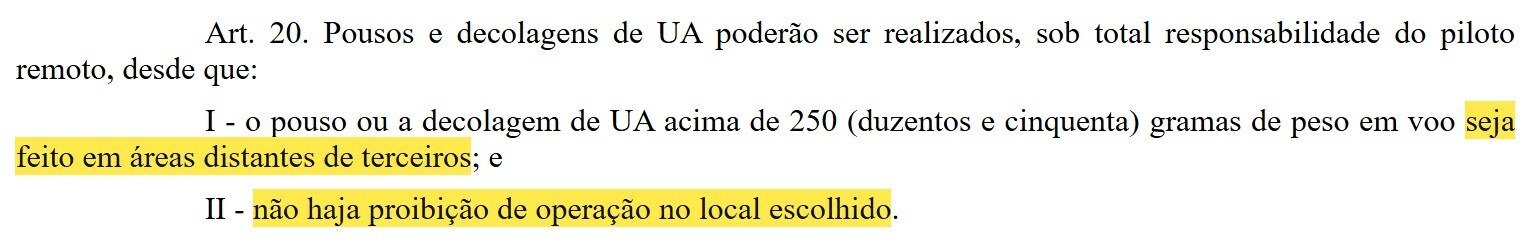 Artigo 20 da Resolução ANAC 806 de 2026 com o trecho que condiciona pouso e decolagem à ausência de proibição no local