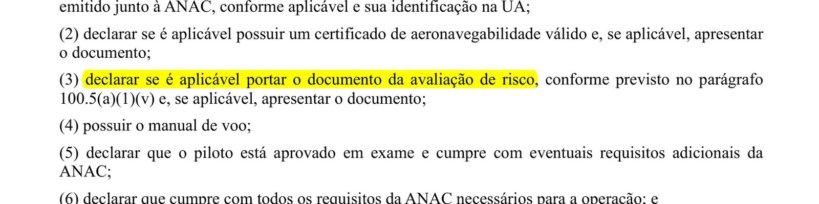 Trecho do RBAC 100 com a seção 100.601(a)(3) destacada: declarar se é aplicável portar o documento da avaliação de risco