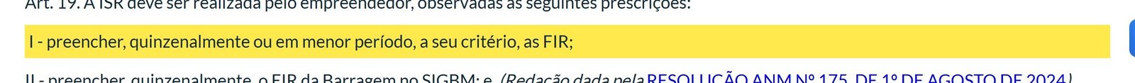 Trecho da Resolução ANM 95/2022 com a periodicidade quinzenal da inspeção regular destacada