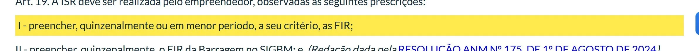 Trecho da Resolução ANM 95/2022 com a periodicidade quinzenal da inspeção regular destacada
