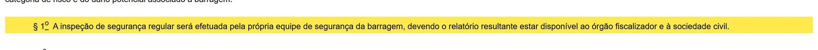 Trecho da Lei 12.334/2010 com o artigo 9º destacado sobre as inspeções regular e especial