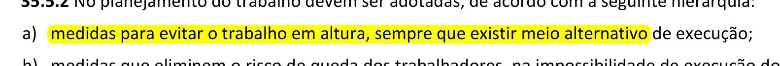 Trecho da NR-35 com a hierarquia de medidas destacada, que manda evitar o trabalho em altura