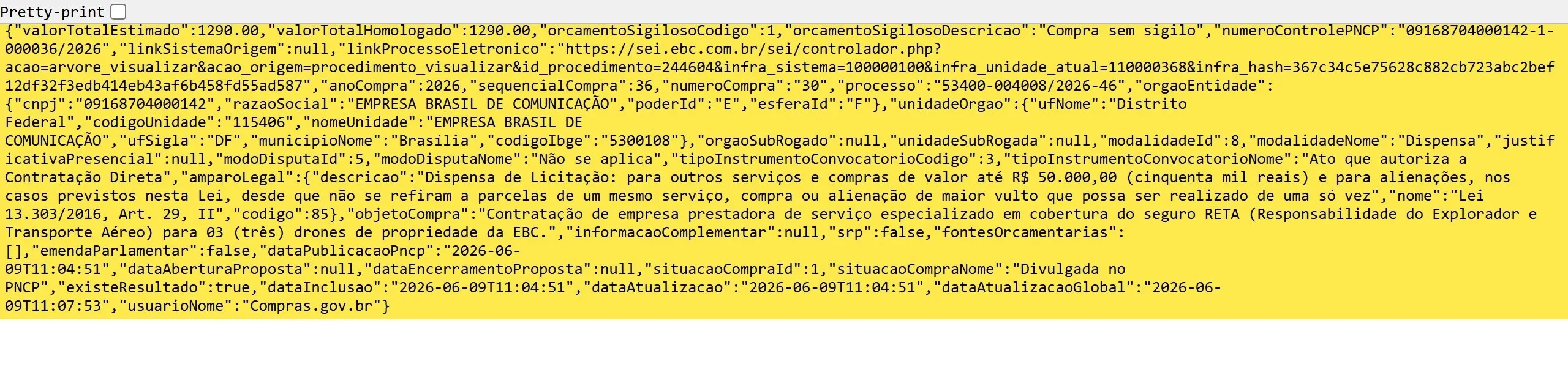 Trecho do contrato da EBC no PNCP mostrando o seguro para três drones da emissora