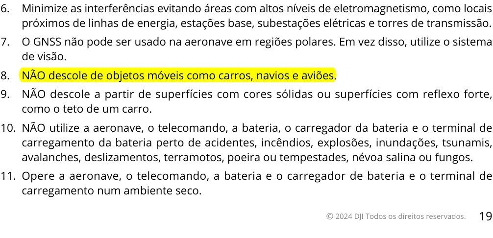 Trecho do manual do DJI Mini 4 Pro em português com o item 8 destacado: não descole de objetos móveis