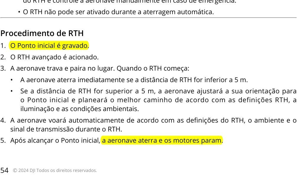 Trecho do manual do DJI Mini 4 Pro com o procedimento de RTH destacado