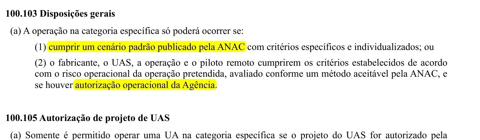 Trecho do RBAC 100 com a seção 100.103 destacada, os dois caminhos da categoria específica