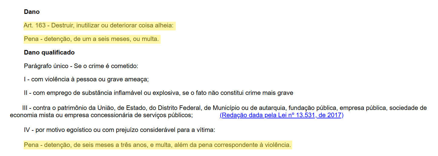 Código Penal, art. 163, crime de dano, com a pena e o dano qualificado destacados