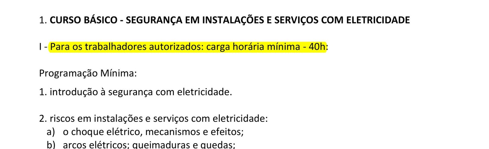 Trecho do Anexo III da NR-10 com a carga horária mínima de 40 horas do curso básico destacada