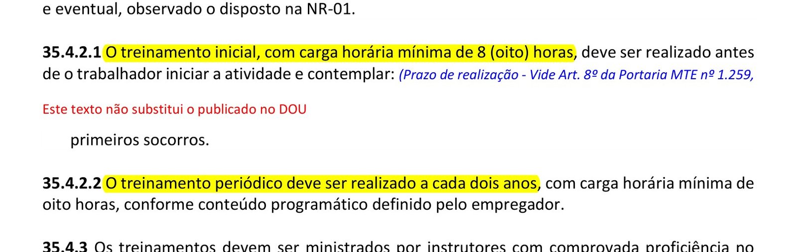 Trechos da NR-35 com os itens 35.4.2.1 e 35.4.2.2 destacados: 8 horas iniciais e periódico a cada dois anos