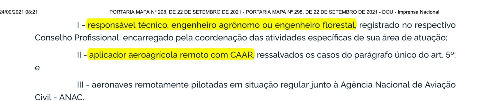 Trecho da Portaria MAPA 298/2021 com o art. 4º destacado: responsável técnico e aplicador com CAAR