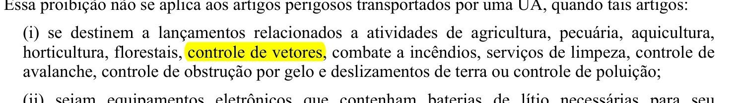 Trecho do RBAC 100 com a exceção para controle de vetores destacada