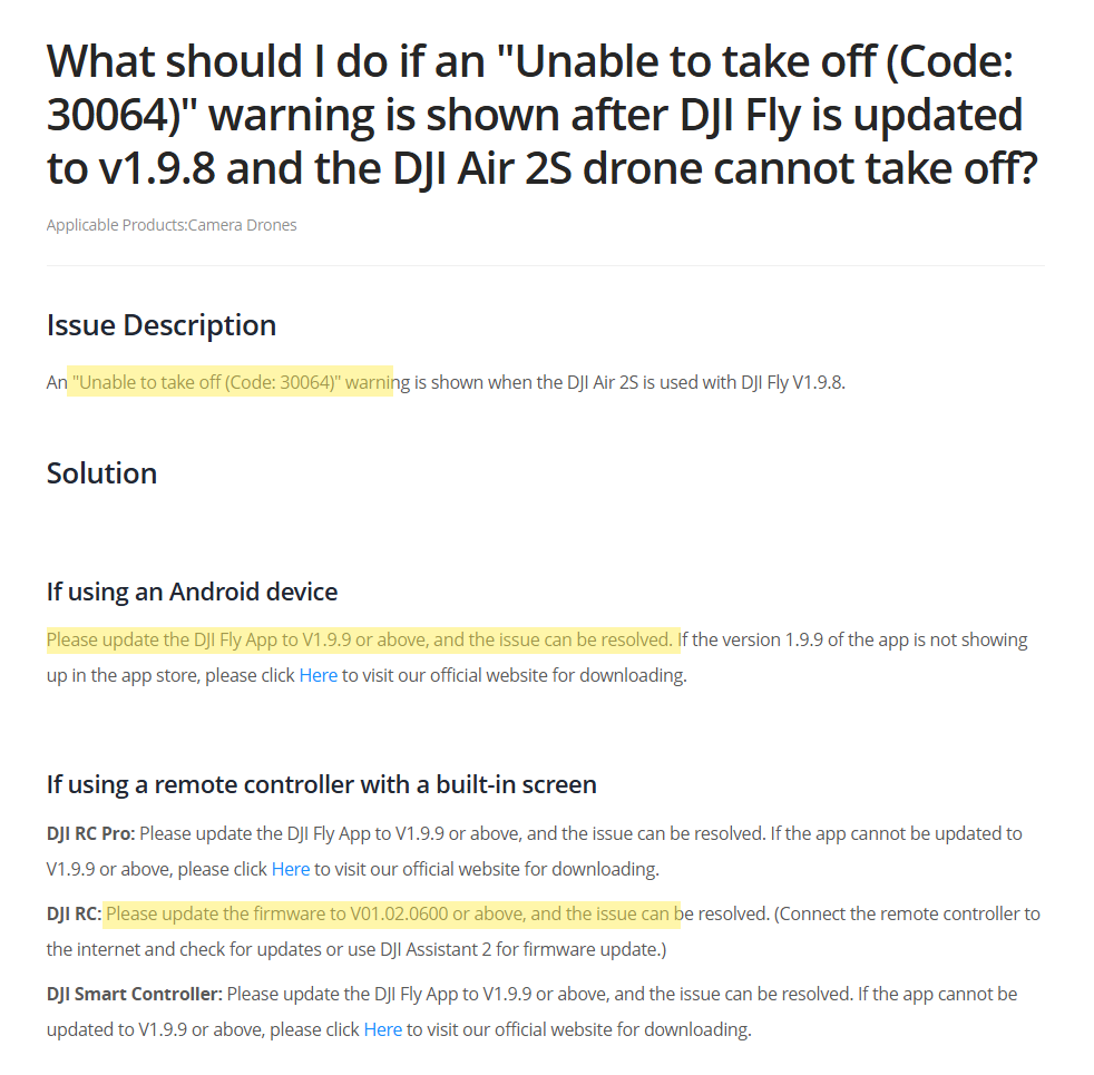 Artigo oficial de suporte da DJI sobre o código 30064 com a instrução de atualizar o DJI Fly para 1.9.9 destacada