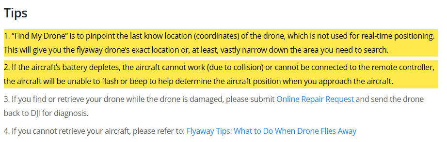Página de suporte da DJI sobre o Find My Drone com os avisos de que não é posicionamento em tempo real e de que a aeronave não pisca sem bateria destacados