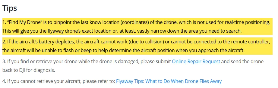 Página de suporte da DJI sobre o Find My Drone com os avisos de que não é posicionamento em tempo real e de que a aeronave não pisca sem bateria destacados