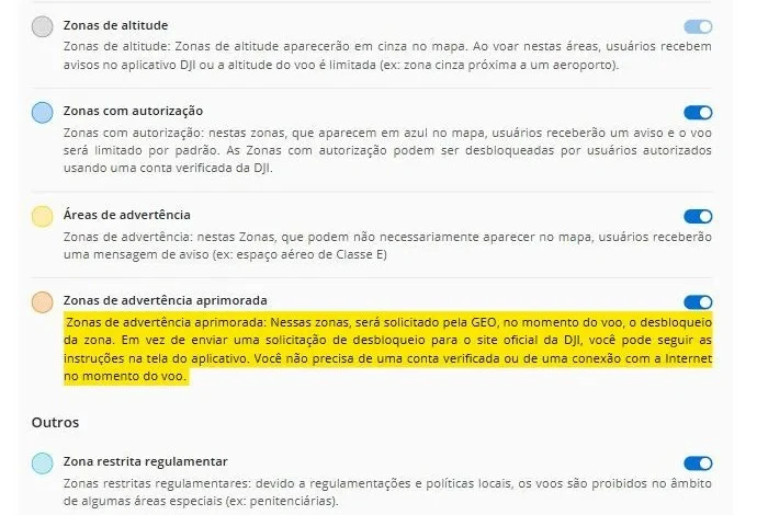 Legenda das zonas GEO no site DJI FlySafe com a definicao de zona de advertencia aprimorada destacada