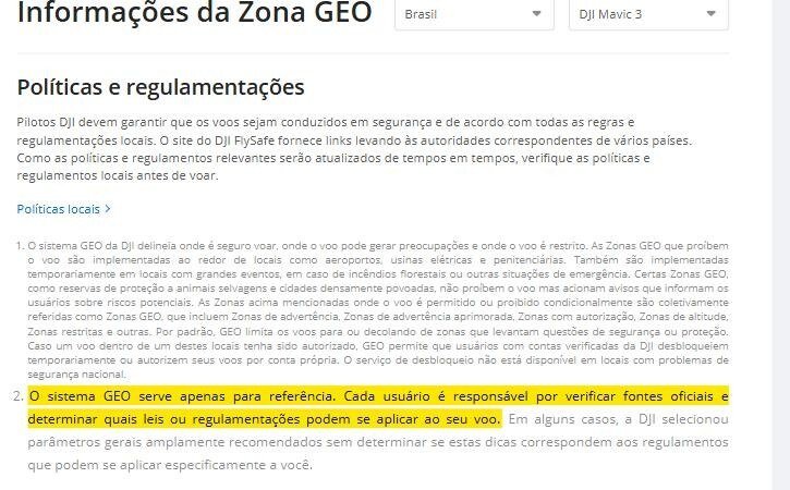Pagina de informacoes da zona GEO do DJI FlySafe com Brasil selecionado e a frase de que o sistema serve apenas para referencia destacada