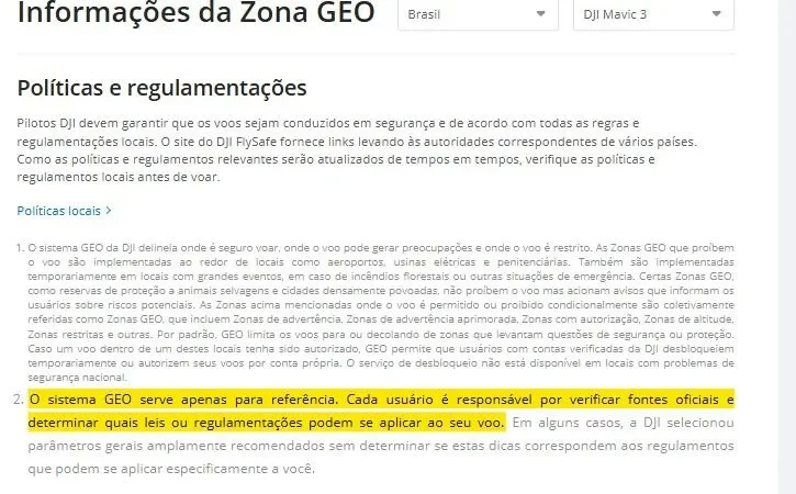 Pagina de informacoes da zona GEO do DJI FlySafe com Brasil selecionado e a frase de que o sistema serve apenas para referencia destacada