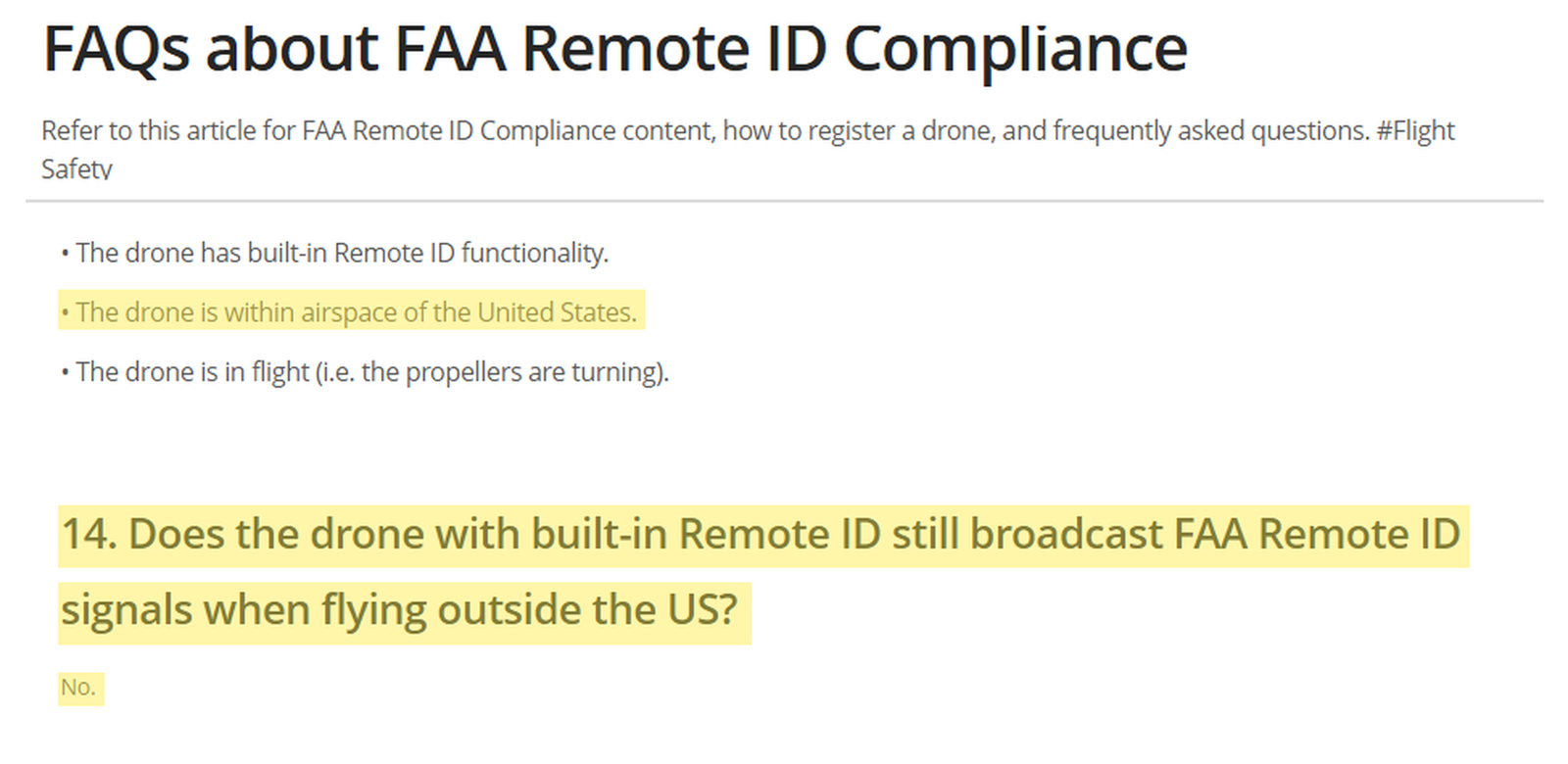 FAQ oficial da DJI sobre Remote ID da FAA: o drone não transmite quando voa fora dos Estados Unidos