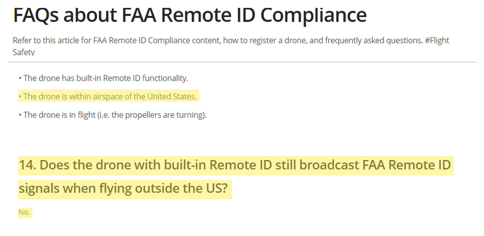 FAQ oficial da DJI sobre Remote ID da FAA: o drone não transmite quando voa fora dos Estados Unidos