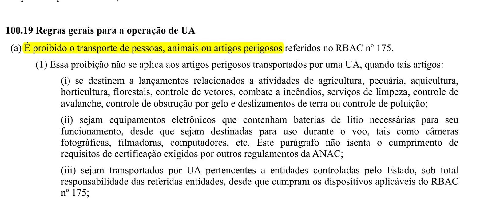 Trecho do RBAC 100 com a seção 100.19(a) destacada: proibição de pessoas, animais e artigos perigosos