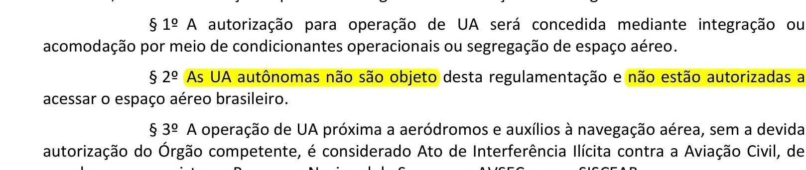 Trecho da ICA 100-40 com o § 2º do art. 19 destacado: aeronaves autônomas não autorizadas