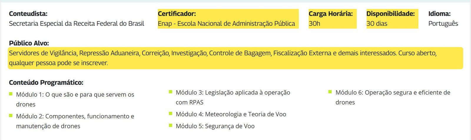 Card da oferta do curso na Escola Virtual.Gov com certificador, carga horária, disponibilidade e público-alvo destacados
