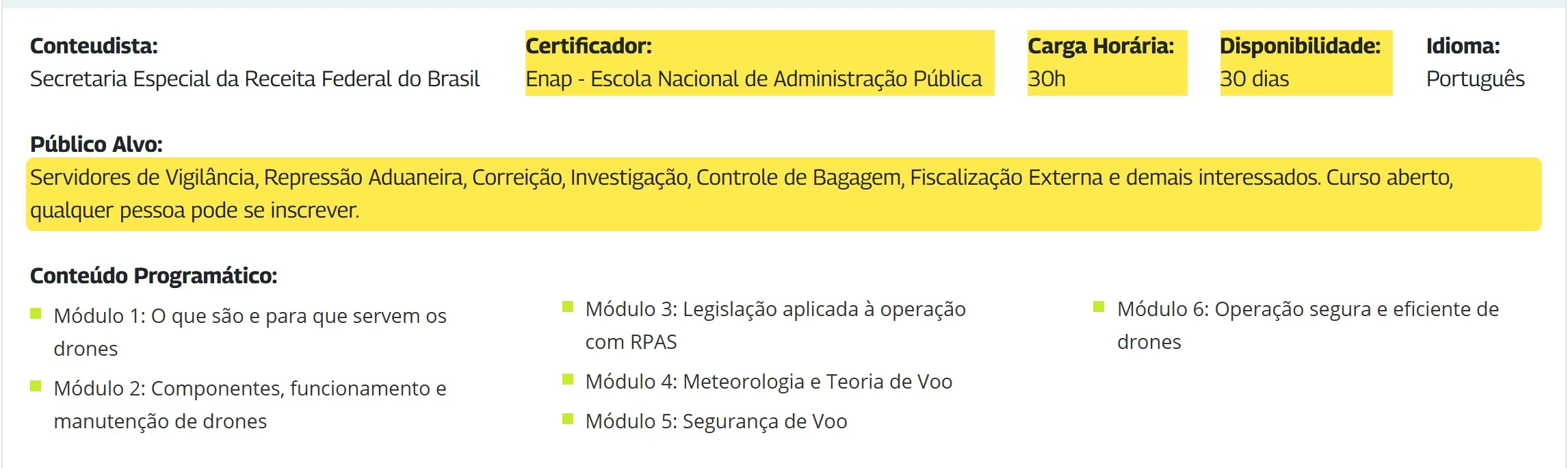 Card da oferta do curso na Escola Virtual.Gov com certificador, carga horária, disponibilidade e público-alvo destacados