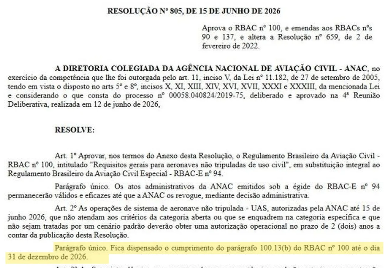 Trecho da Resolução ANAC 805/2026 com o parágrafo único do art. 2º destacado