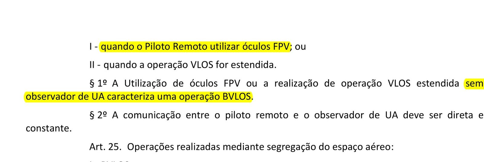 Trecho da ICA 100-40 com o art. 24 destacado: observador obrigatório com óculos FPV e BVLOS sem observador