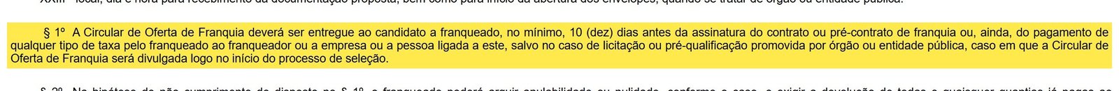 Trecho da Lei de Franquia com o prazo de 10 dias para entrega da COF destacado