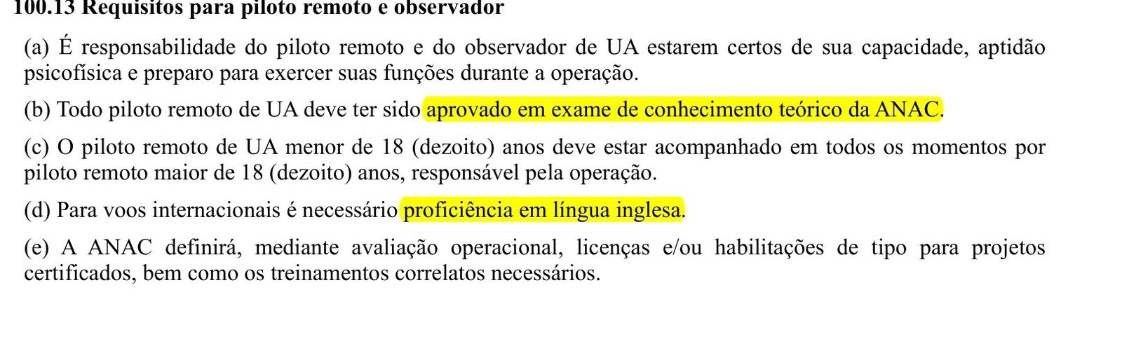 Trecho do RBAC 100 com a seção 100.13 destacada: exame teórico da ANAC e inglês para voos internacionais